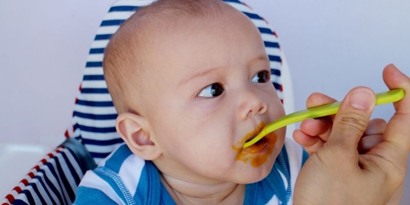 Ein Baby wird mit Beikost vom Löffel gefüttert.