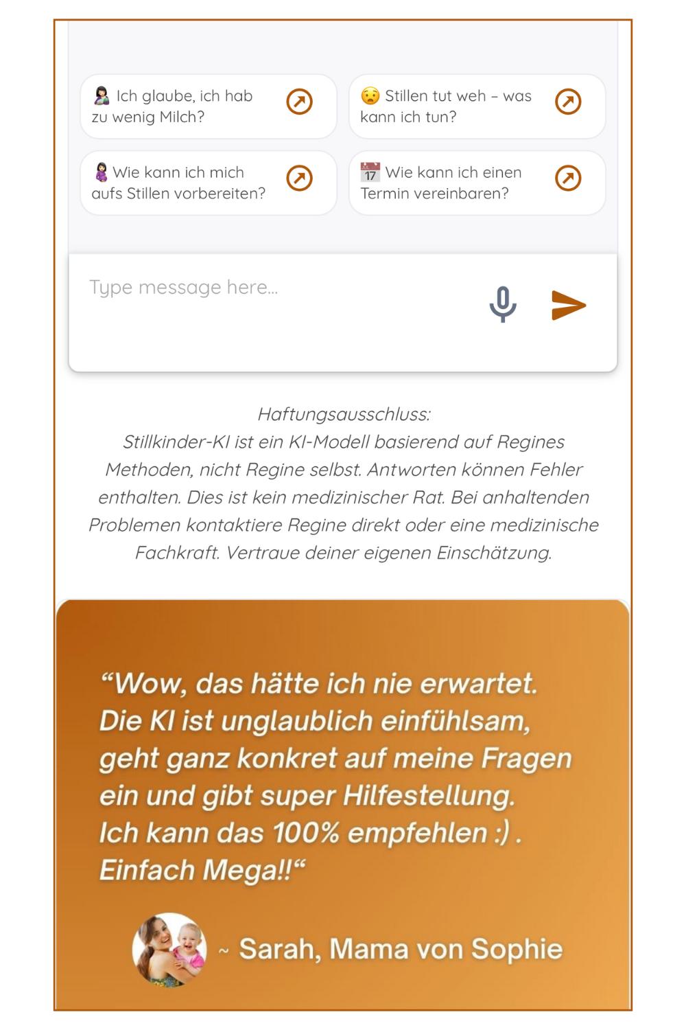 Interface der Stillkinder-KI mit Begrüßungstext und Mikrofon-Symbol