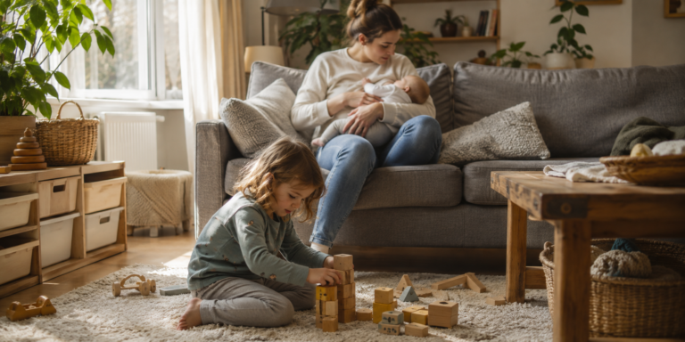 Mutter stillt ihr Baby auf dem Sofa, davor spielt ein älteres Kind mit Bauklötzen